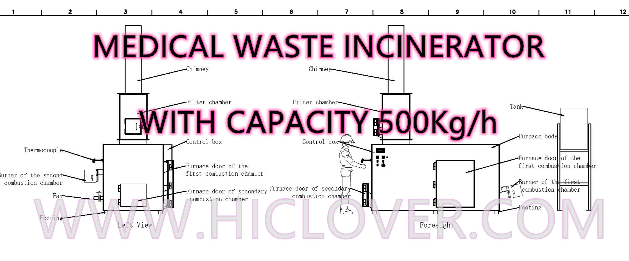 MEDICAL WASTE INCINERATOR WITH CAPACITY 500Kgh drawing
